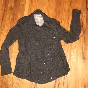 Feathered gray button up sweater/jacket
